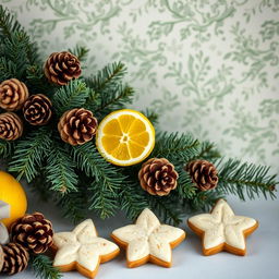 A voluminous and fluffy spruce branch adorned with multiple pine cones, artistically placed along the edge of the wallpaper