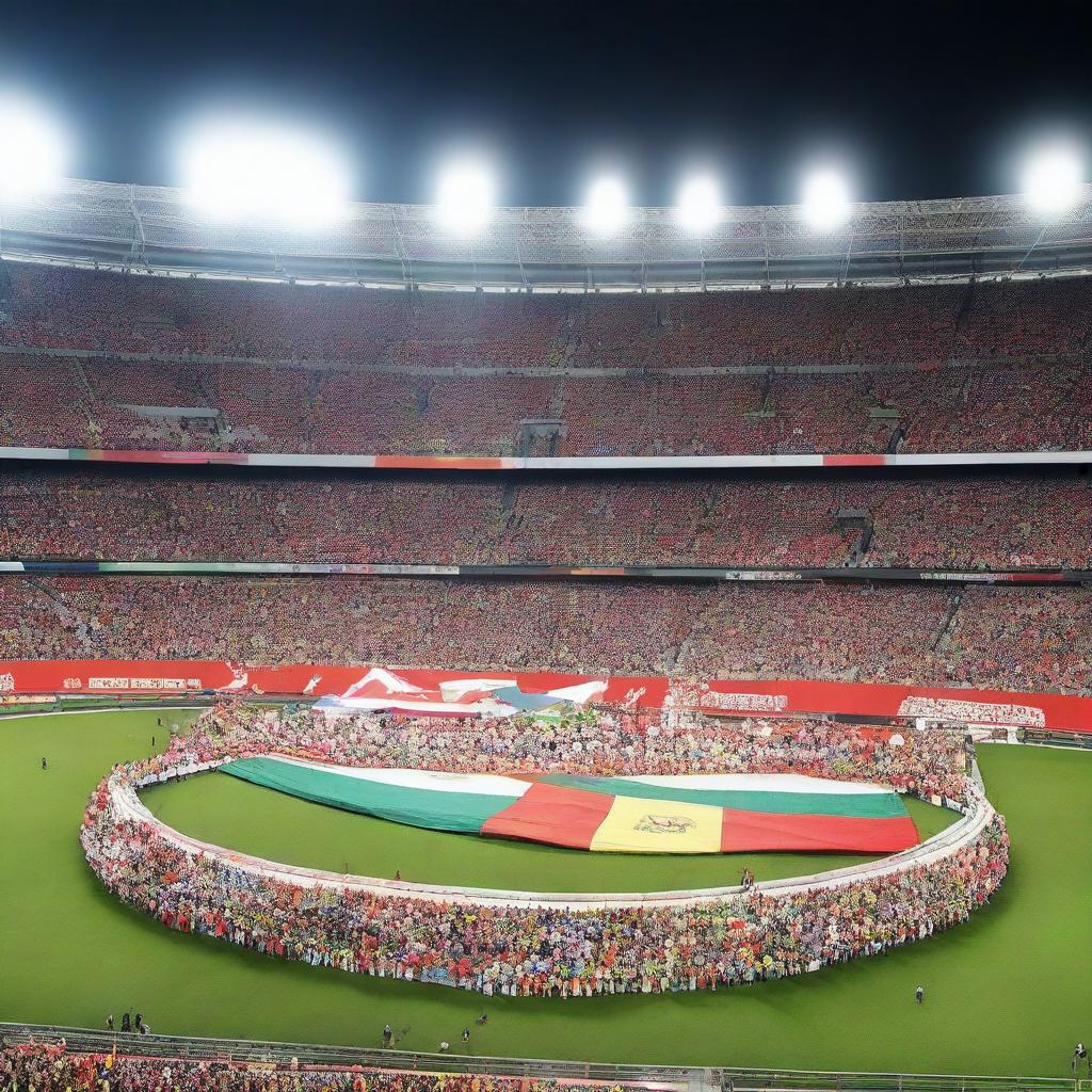 A grand, packed stadium set for a world championship, featuring a shiny, prominent trophy on a platform in the middle of the field, with excited fans waving flags of various nations