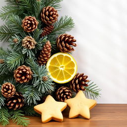 A voluminous and fluffy spruce branch adorned with multiple pine cones, artistically placed along the edge of the wallpaper