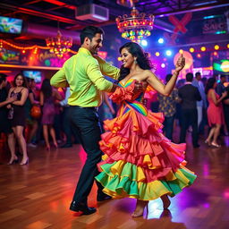 A vibrant and energetic Latin salsa dance scene, featuring a couple performing an elaborate salsa routine