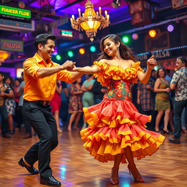 A vibrant and energetic Latin salsa dance scene, featuring a couple performing an elaborate salsa routine