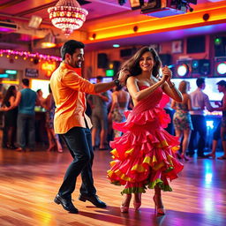 A vibrant and energetic Latin salsa dance scene, featuring a couple performing an elaborate salsa routine