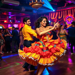 A vibrant and energetic Latin salsa dance scene, featuring a couple performing an elaborate salsa routine