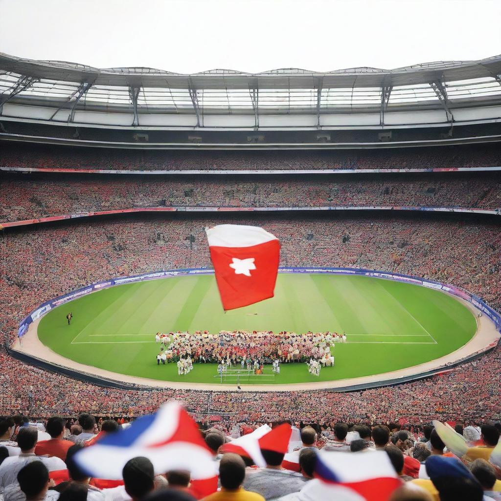 A grand, packed stadium set for a world championship, featuring a shiny, prominent trophy on a platform in the middle of the field, with excited fans waving flags of various nations