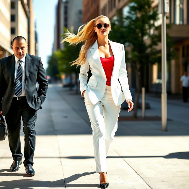 A beautiful woman walking down a city street, her long blonde hair cascading behind her in a ponytail