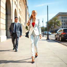 A beautiful woman walking down a city street, her long blonde hair cascading behind her in a ponytail