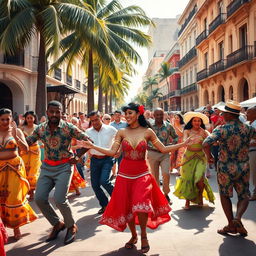 A lively and vibrant scene of Cuban street dance, showcasing dancers in colorful traditional attire filled with energy and joy