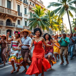 A lively and vibrant scene of Cuban street dance, showcasing dancers in colorful traditional attire filled with energy and joy