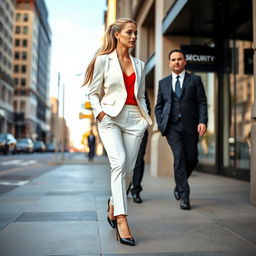 A beautiful woman walking down a city street, her long blonde hair cascading behind her in a ponytail