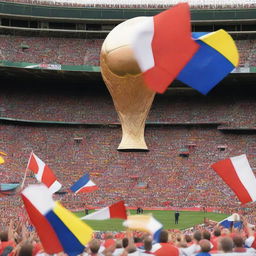 A grand, packed stadium set for a world championship, featuring a shiny, prominent trophy on a platform in the middle of the field, with excited fans waving flags of various nations