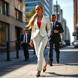 A beautiful woman walking down a city street, her long blonde hair cascading behind her in a ponytail