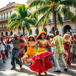 A lively and vibrant scene of Cuban street dance, showcasing dancers in colorful traditional attire filled with energy and joy