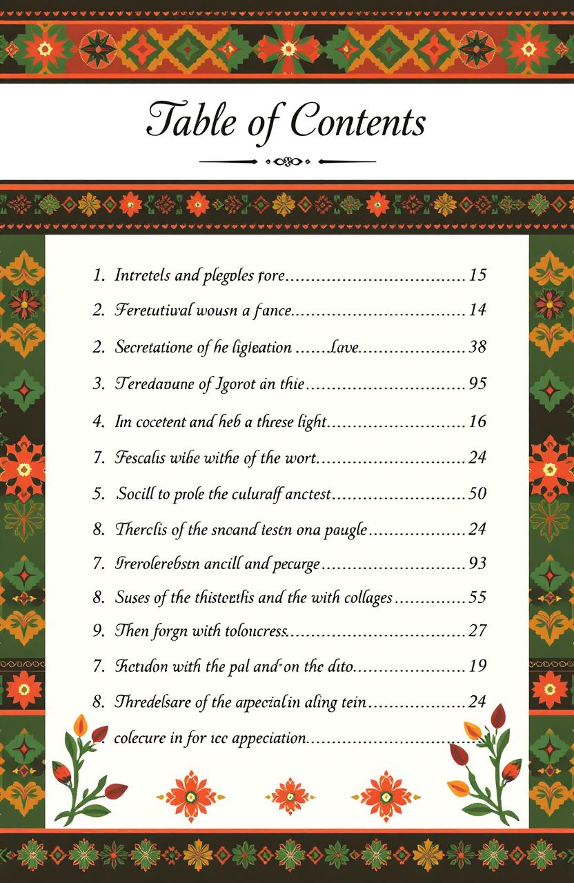 A beautifully designed table of contents related to the Igorot indigenous people, featuring traditional patterns and elements inspired by their rich culture