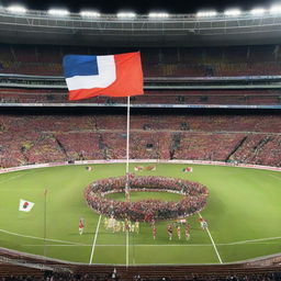 A grand, packed stadium set for a world championship, featuring a shiny, prominent trophy on a platform in the middle of the field, with excited fans waving flags of various nations