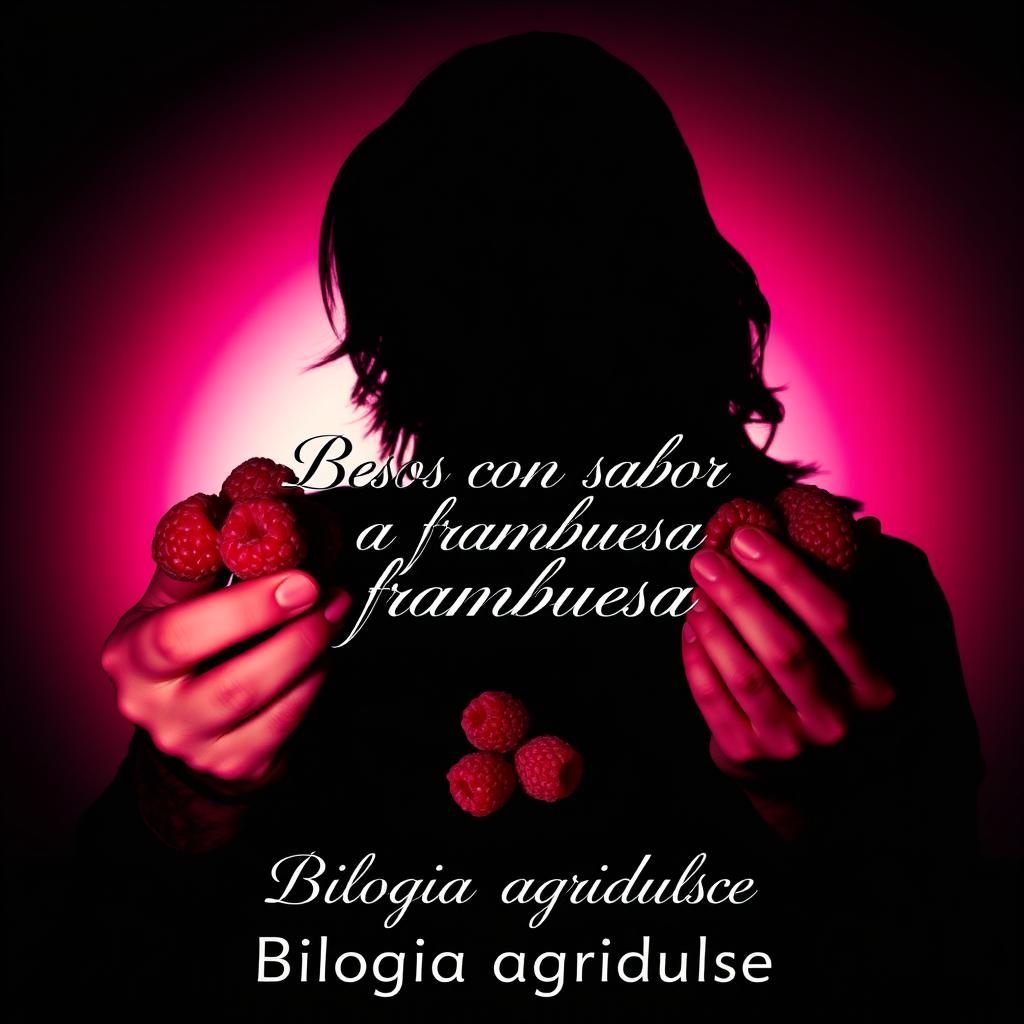 The silhouette of a man with long hair holding raspberries against a gradient background that blends black, white, red, and fuchsia