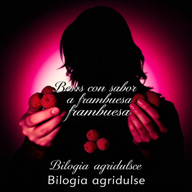 The silhouette of a man with long hair holding raspberries against a gradient background that blends black, white, red, and fuchsia