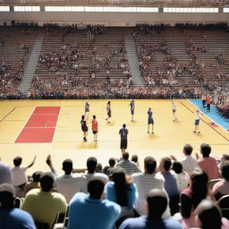 A humble, local sports arena buzzing with enthusiasm and spirit, where amateur athletes are engaging in a friendly competition, with spectators cheerfully encouraging and applauding