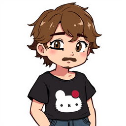 A male character inspired by Hello Kitty, featuring slightly wavy, medium-length brown hair