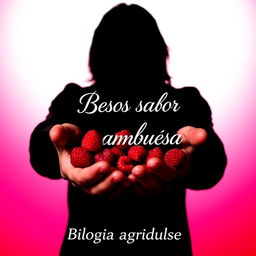 The silhouette of a man with long hair holding raspberries in his hands against a gradient background that transitions from black to white, red, and fuchsia
