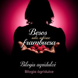 The shadow of a man with long hair holding raspberries in his hands against a gradient background of black, white, red, and fuchsia
