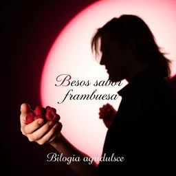 The shadow of a man with long hair holding raspberries in his hands against a gradient background of black, white, red, and fuchsia
