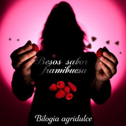 The shadow of a man with long hair holding raspberries in his hands against a gradient background of black, white, red, and fuchsia
