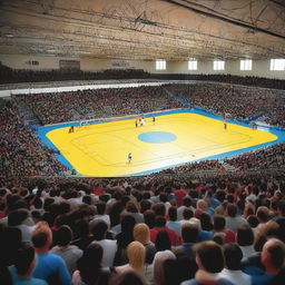 A humble, local sports arena buzzing with enthusiasm and spirit, where amateur athletes are engaging in a friendly competition, with spectators cheerfully encouraging and applauding