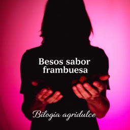 The shadow of a man with long hair holding raspberries in his hands against a gradient background of black, white, red, and fuchsia