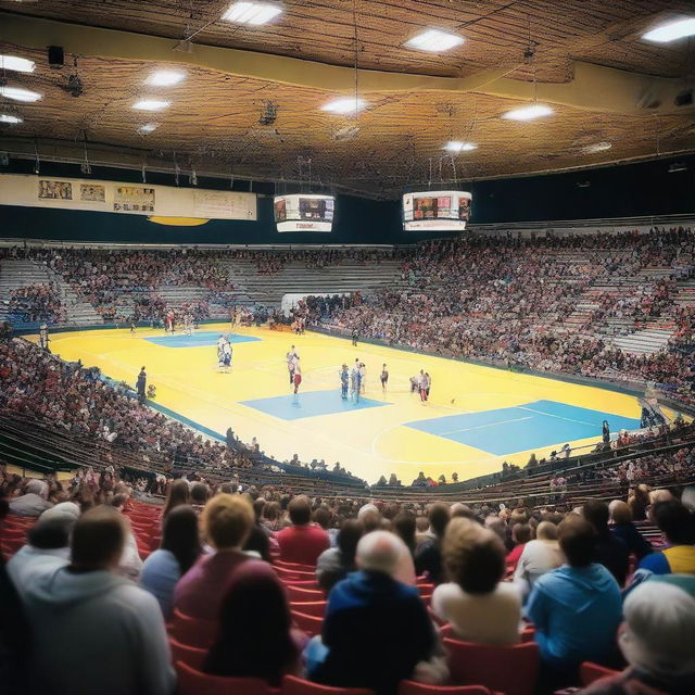 A humble, local sports arena buzzing with enthusiasm and spirit, where amateur athletes are engaging in a friendly competition, with spectators cheerfully encouraging and applauding