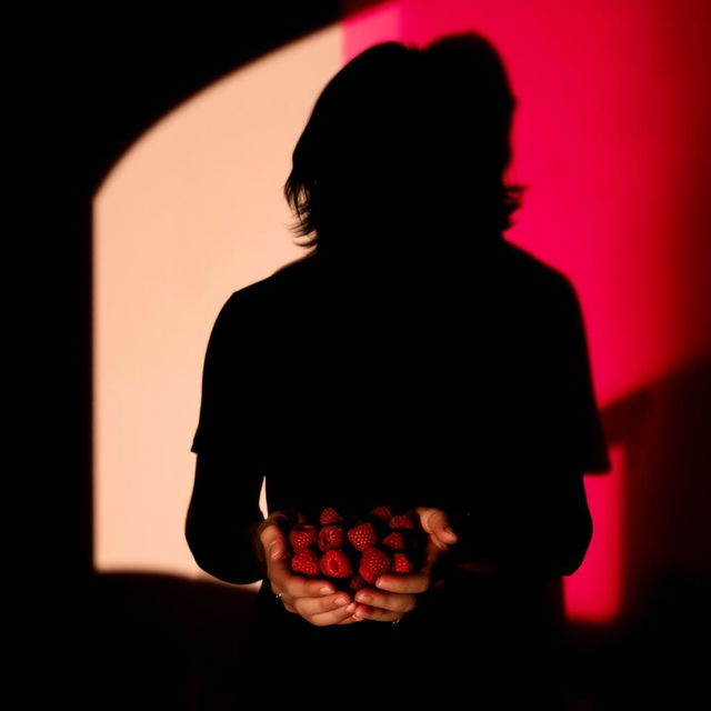 The shadow of a man with long hair holding raspberries in his hands against a background featuring the colors black, white, red, and fuchsia