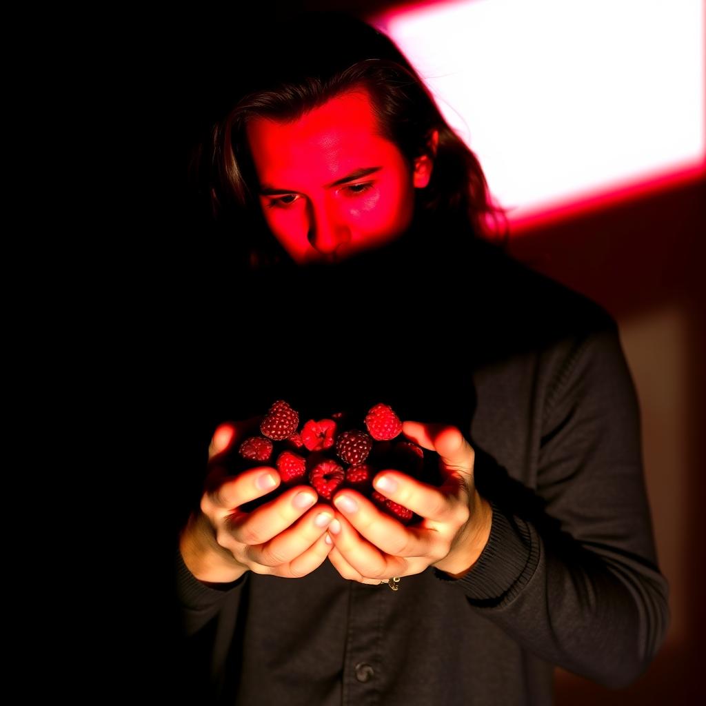 The shadow of a man with long hair holding raspberries in his hands against a background featuring the colors black, white, red, and fuchsia