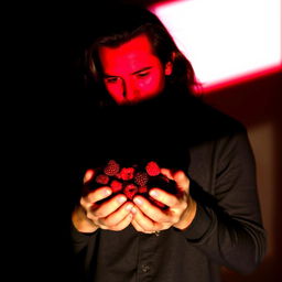 The shadow of a man with long hair holding raspberries in his hands against a background featuring the colors black, white, red, and fuchsia