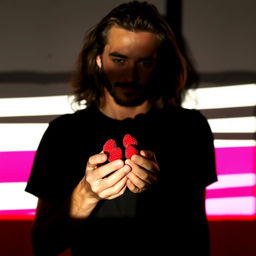 The shadow of a man with long hair holding raspberries in his hands against a background featuring the colors black, white, red, and fuchsia