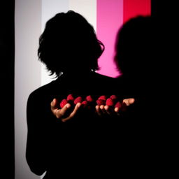 The solid black shadow of a man with long hair holding raspberries in his hands, set against a background featuring the colors black, white, red, and fuchsia