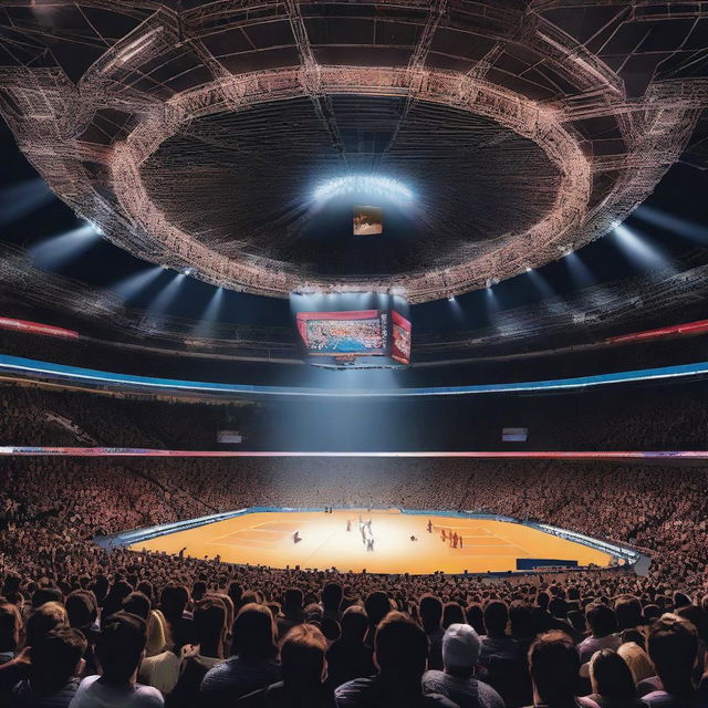 A dazzling world championship arena at night, bathed in the bright glow of numerous spotlights, highlighting the central competition area while the animated crowd watches in suspense