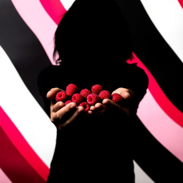 The solid black shadow of a man with long hair holding raspberries in his hands, set against a background featuring the colors black, white, red, and fuchsia