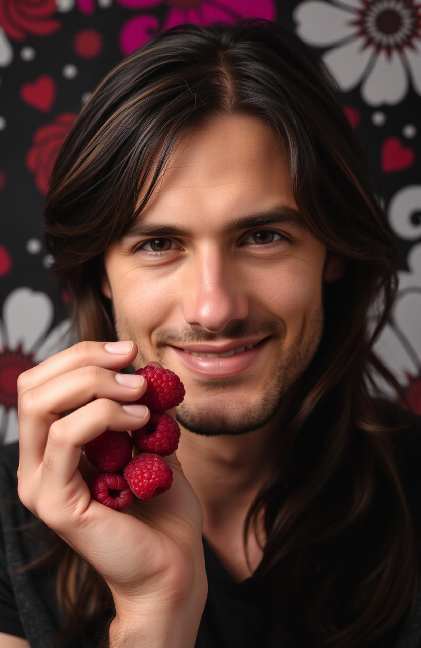 A portrait of a man with long hair, holding fresh raspberries close to his face