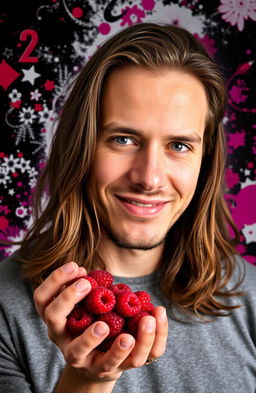 A portrait of a man with long hair, holding fresh raspberries close to his face