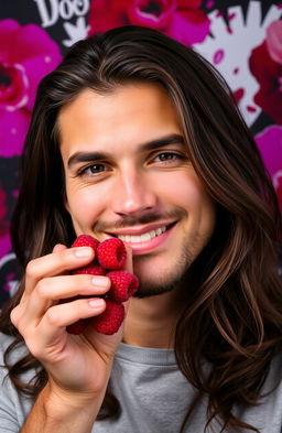 A portrait of a man with long hair, holding fresh raspberries close to his face