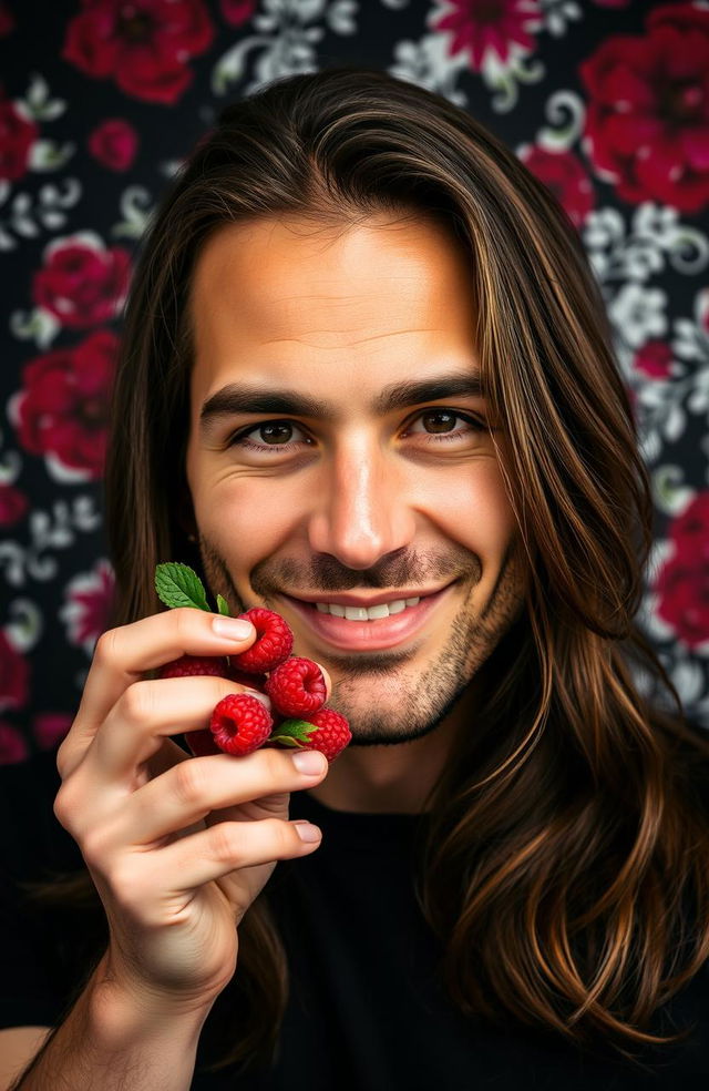 A portrait of a man with long hair, holding fresh raspberries close to his face