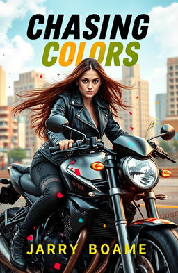An eye-catching book cover for an action genre featuring a confident young woman on a sleek motorcycle, showcasing her dual identity as an artist