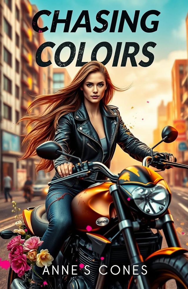 An eye-catching book cover for an action genre featuring a confident young woman on a sleek motorcycle, showcasing her dual identity as an artist