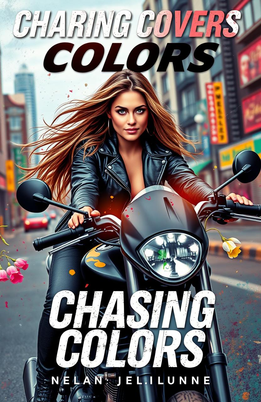 An eye-catching book cover for an action genre featuring a confident young woman on a sleek motorcycle, showcasing her dual identity as an artist