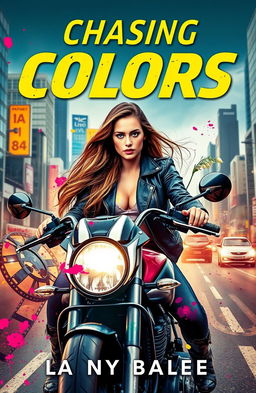 An eye-catching book cover for an action genre featuring a confident young woman on a sleek motorcycle, showcasing her dual identity as an artist