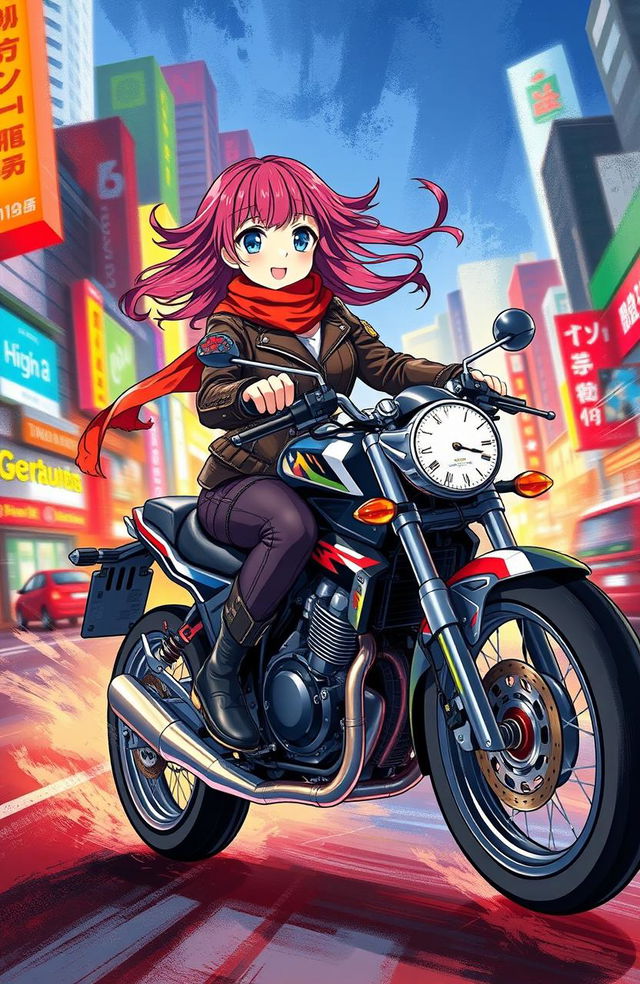 An action book cover featuring a dynamic anime girl riding a sleek motorcycle through a vibrant cityscape