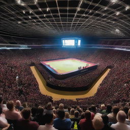 A dazzling world championship arena at night, bathed in the bright glow of numerous spotlights, highlighting the central competition area while the animated crowd watches in suspense