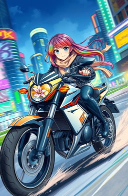 An action book cover featuring a dynamic anime girl riding a sleek motorcycle through a vibrant cityscape