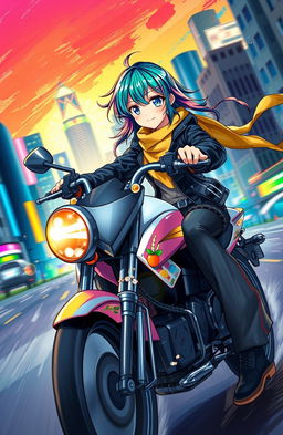 An action book cover featuring a dynamic anime girl riding a sleek motorcycle through a vibrant cityscape