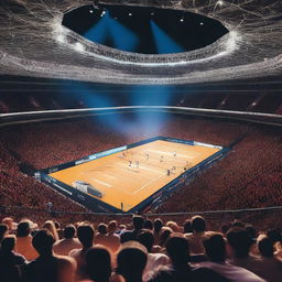 A dazzling world championship arena at night, bathed in the bright glow of numerous spotlights, highlighting the central competition area while the animated crowd watches in suspense