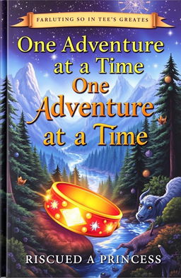 A captivating book cover for a fantasy novel, featuring a mystical landscape filled with lush forests, towering mountains, and shimmering rivers